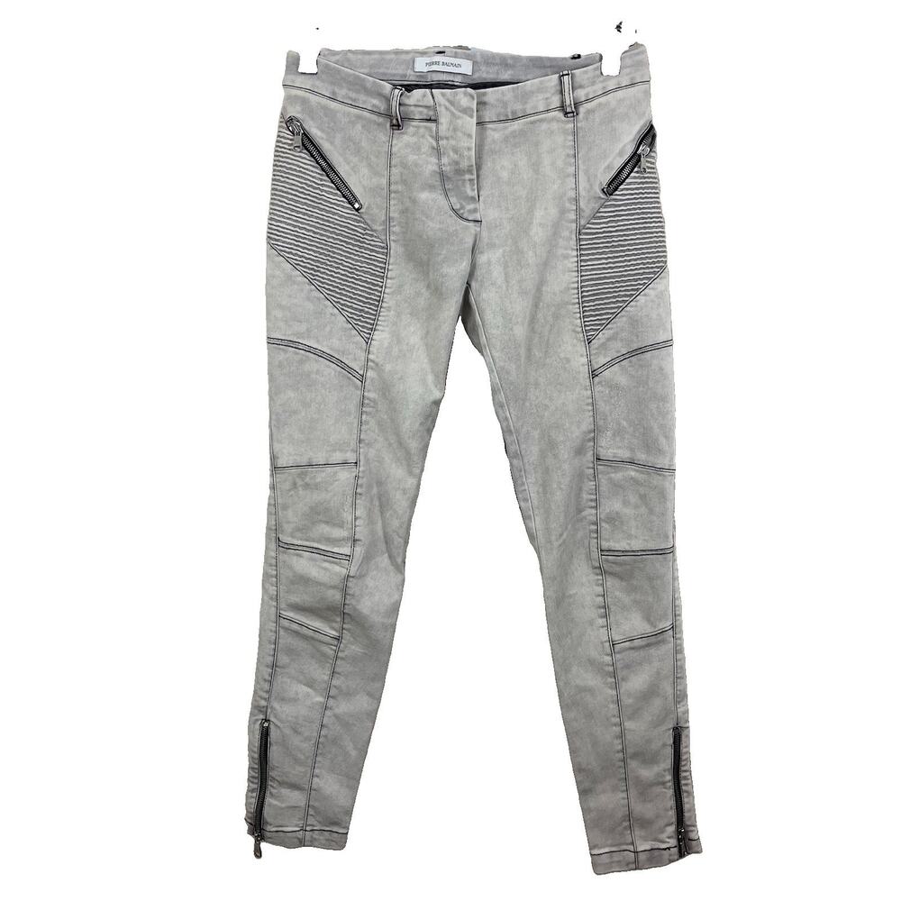 Pierre Balmain Moto Jeans Women’s Size 28 Biker Skinny Zipper Acid Wash Gray